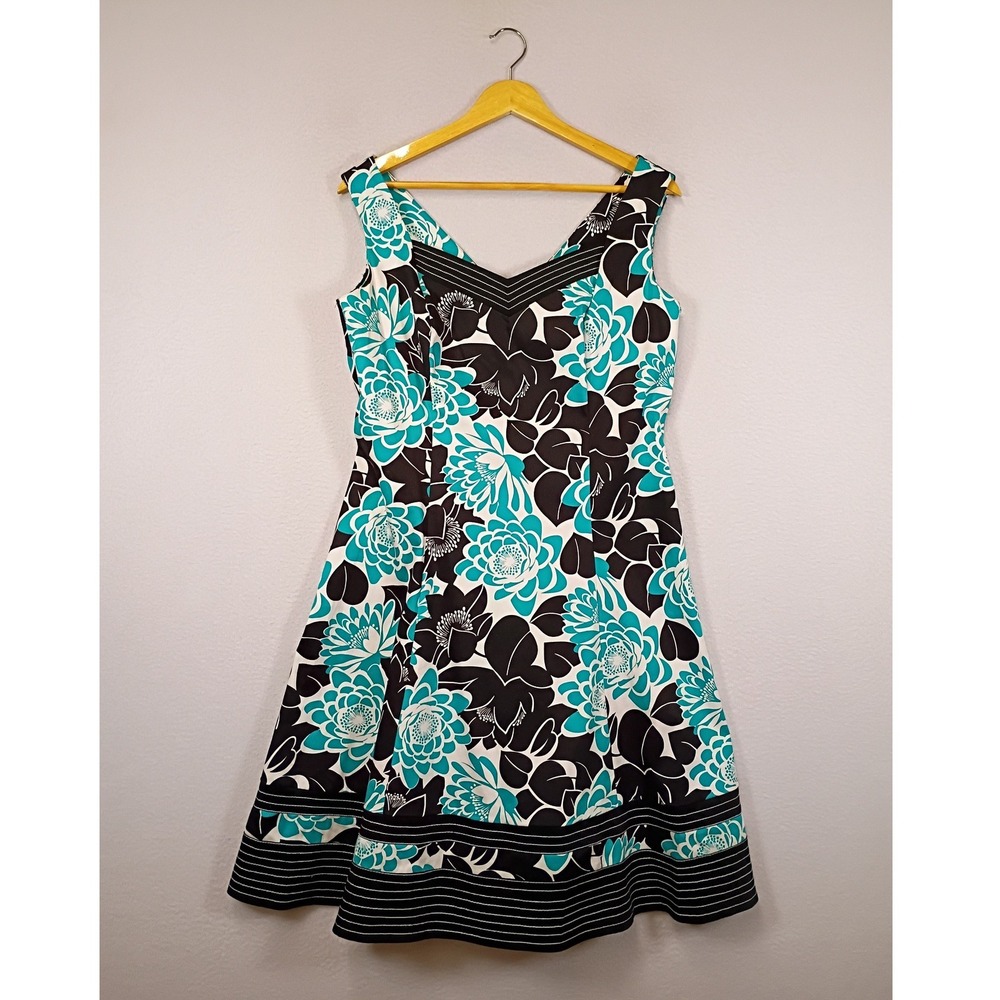 Mod Floral AGB Dress Womens 12 Turquoise Black White V-Neck A-Line Fit & Flare